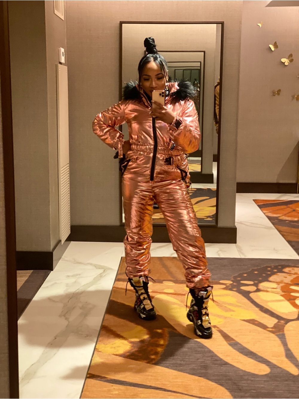 Metallic Rose Gold Ski-Style Jumpsuit with Hood